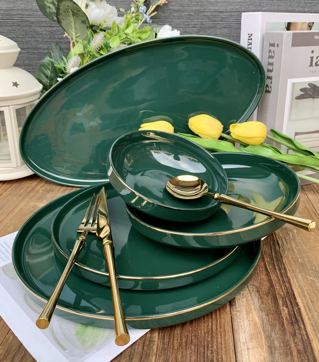 Selinex Porselein Serviesset Groen Met Gouden Rand 6 Persoons, 25-delig 3 Selinex Porselein Serviesset Groen Met Gouden Rand 6 Persoons, 25-delig