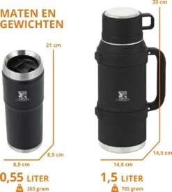 MacGyver RVS Thermoskan 1.5 Ltr – RVS Thermosbeker 0,55 Ltr - Langdurig Warm/koud - Zwart -Brita Shop 1079x1200