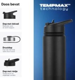 Thermo Master - Thermosfles & Drinkfles - Waterfles - 0,5 Liter - Midnight Black - 3 Doppen -Brita Shop 1124x1200