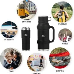 MacGyver RVS Thermoskan 1.5 Ltr – RVS Thermosbeker 0,55 Ltr - Langdurig Warm/koud - Zwart -Brita Shop 1189x1200