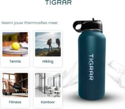 Tigrar - Waterfles - Drinkfles - Thermosfles 1 Liter Dubbelwandig - RVS - (Staal) Blauw - Incl. Extra Dop 3 Rietjes En Reiniger -Brita Shop 1200x1044