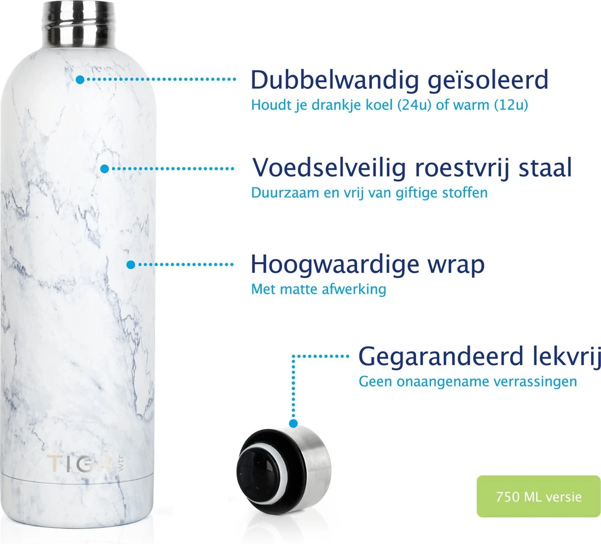 TIGR The Minimalist - Drinkfles - Thermosfles - RVS - 750ml - Wit Marmer 4 TIGR The Minimalist - Drinkfles - Thermosfles - RVS - 750ml - Wit Marmer - Afbeelding 2