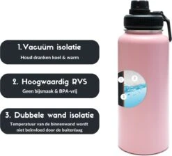Thermosfles - Pastel Pink - 1 Liter - Extra Dop Met Rietje & Drinktuit - Thermosflessen - Isoleerfles - BPA Vrij - Lekvrij - Thermosfles 1 Liter - Isoleerfles 1 Liter - Thermoskan - Isoleerbeker - Thermosbeker -Brita Shop 1200x1090