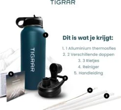 Tigrar - Waterfles - Drinkfles - Thermosfles 1 Liter Dubbelwandig - RVS - (Staal) Blauw - Incl. Extra Dop 3 Rietjes En Reiniger -Brita Shop 1200x1093