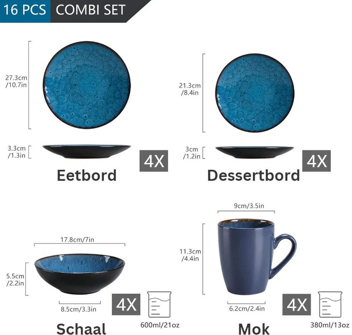 Serviesset – 16 Delig – 4 Persoons – Porselein - Luxe - Blauw 9 Serviesset – 16 Delig – 4 Persoons – Porselein - Luxe - Blauw - Afbeelding 7