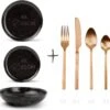 GLAMOMAX'S Choice - Serviesset Black Mielo - Inclusief Koperkleurig Bestekset - 4 Persoons - Aardewerk - Zwarte Borden - Dinerborden - Bordenset -Brita Shop 1200x1175 2