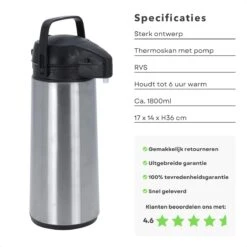 Cheqo® Thermos Pomp - 1.8L Roestvrij Staal - Isoleerkan Met Pomp - Thermoskan Met Pomp - Zwarte Dop & Handvat - Houdt 6 Uur Warm - 1800ml - Afmeting 17x14x36cm -Brita Shop 1200x1200 10