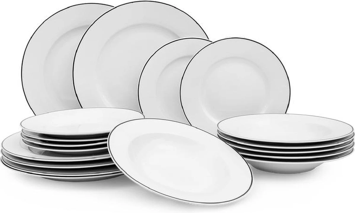 Serviesset Bordenset 6 Persoons 18 Delig - Wit Met Zwart Randje 3 Serviesset Bordenset 6 Persoons 18 Delig - Wit Met Zwart Randje