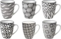 Set Van 12x Stuks Kopjes/bekers Nikko Zwart/wit Print 19 Cl - Koffie/thee Mokken Met Oor