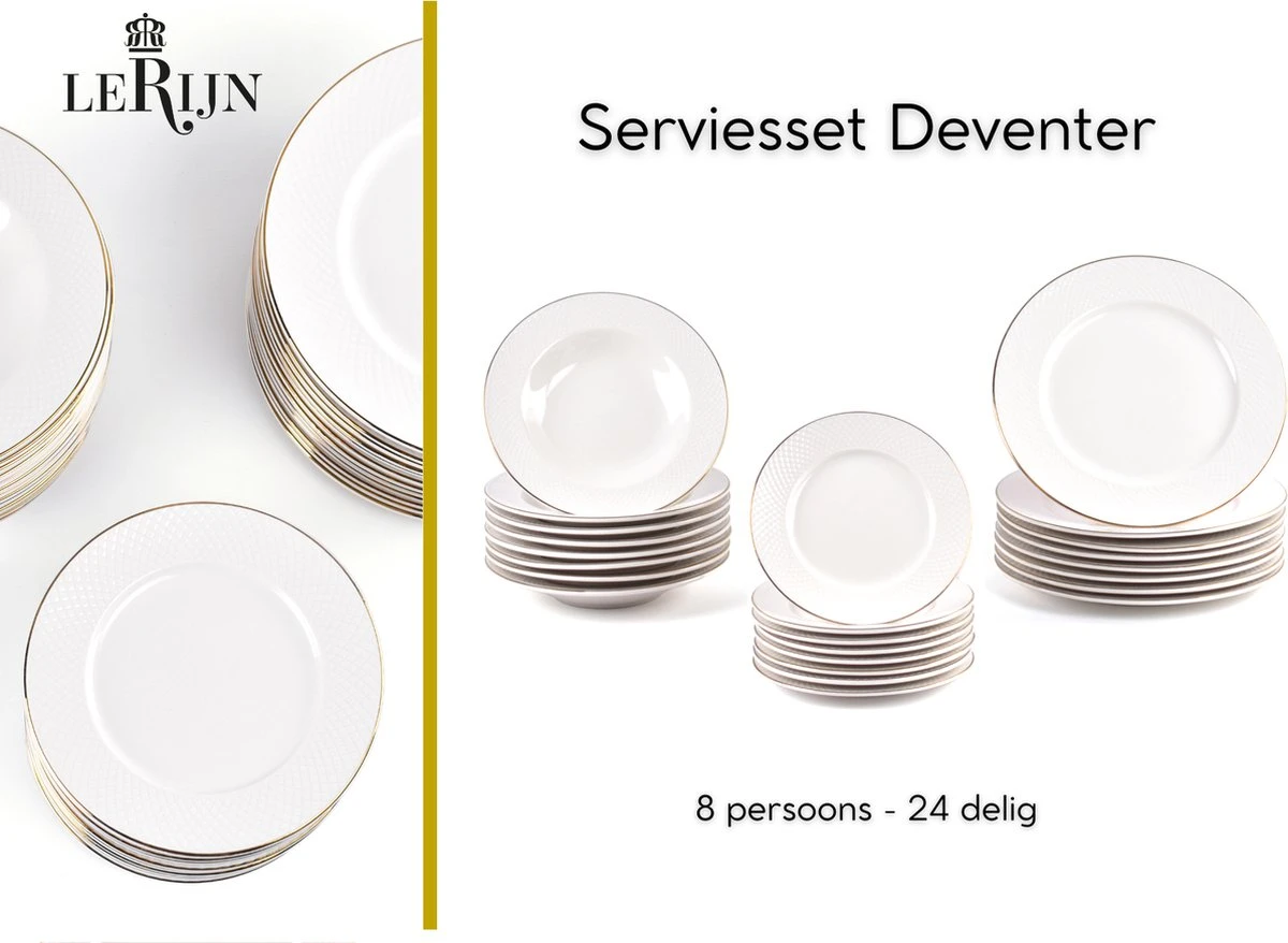 LeRijn® Serviesset Deventer 8 Persoons - 24 Delig - Licht Crème Wit Met Gouden Rand En Motief - Dinerborden - Soepborden - Dessertborden - Borden Servies - Bordenset 3 LeRijn® Serviesset Deventer 8 Persoons - 24 Delig - Licht Crème Wit Met Gouden Rand En Motief - Dinerborden - Soepborden - Dessertborden - Borden Servies - Bordenset