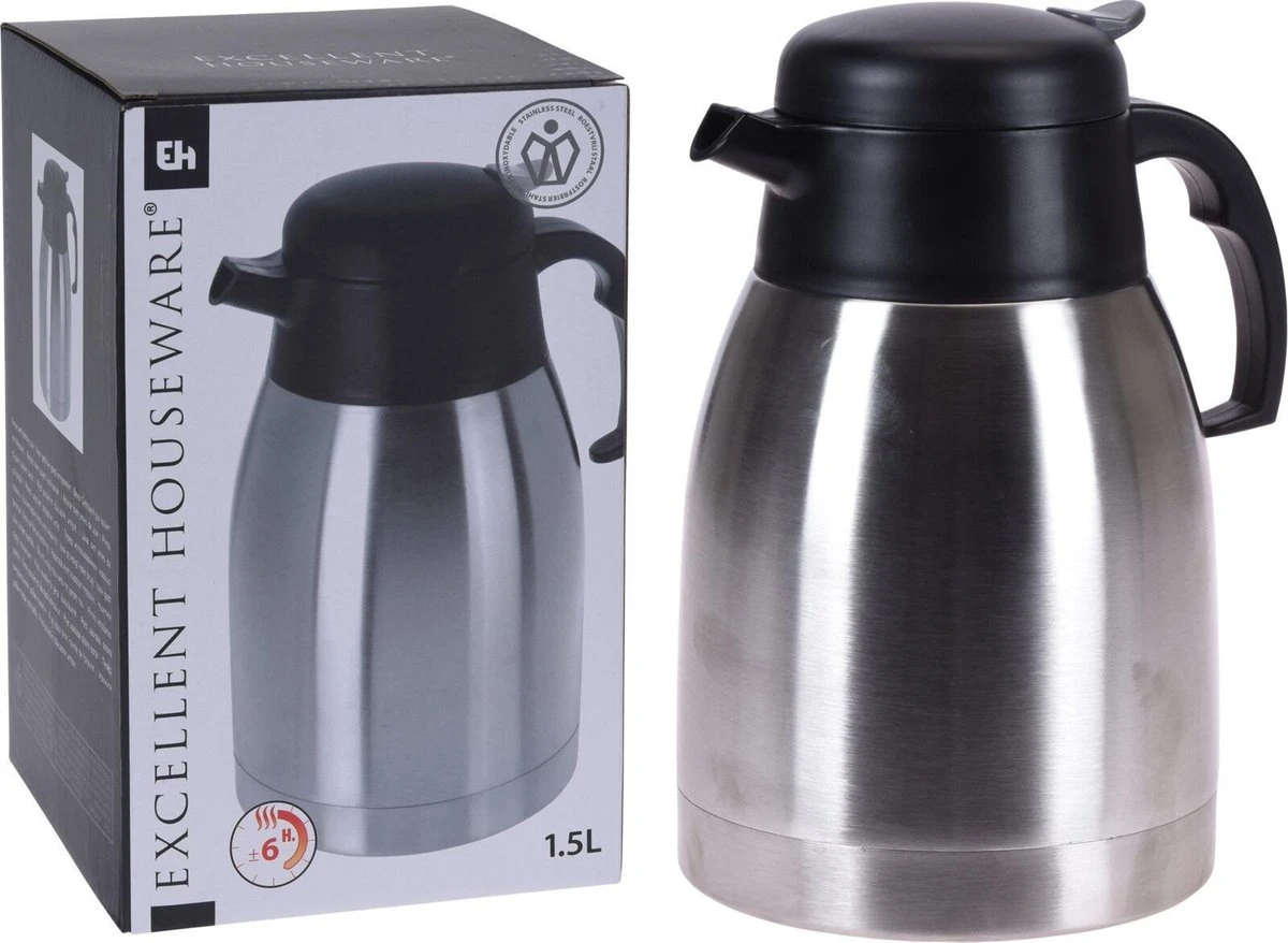 Excellent Houseware 1x Koffie/thee Thermoskan RVS 1500 Ml - Isoleerkannen Voor Warme / Koude Dranken 4 Excellent Houseware 1x Koffie/thee Thermoskan RVS 1500 Ml - Isoleerkannen Voor Warme / Koude Dranken - Afbeelding 2