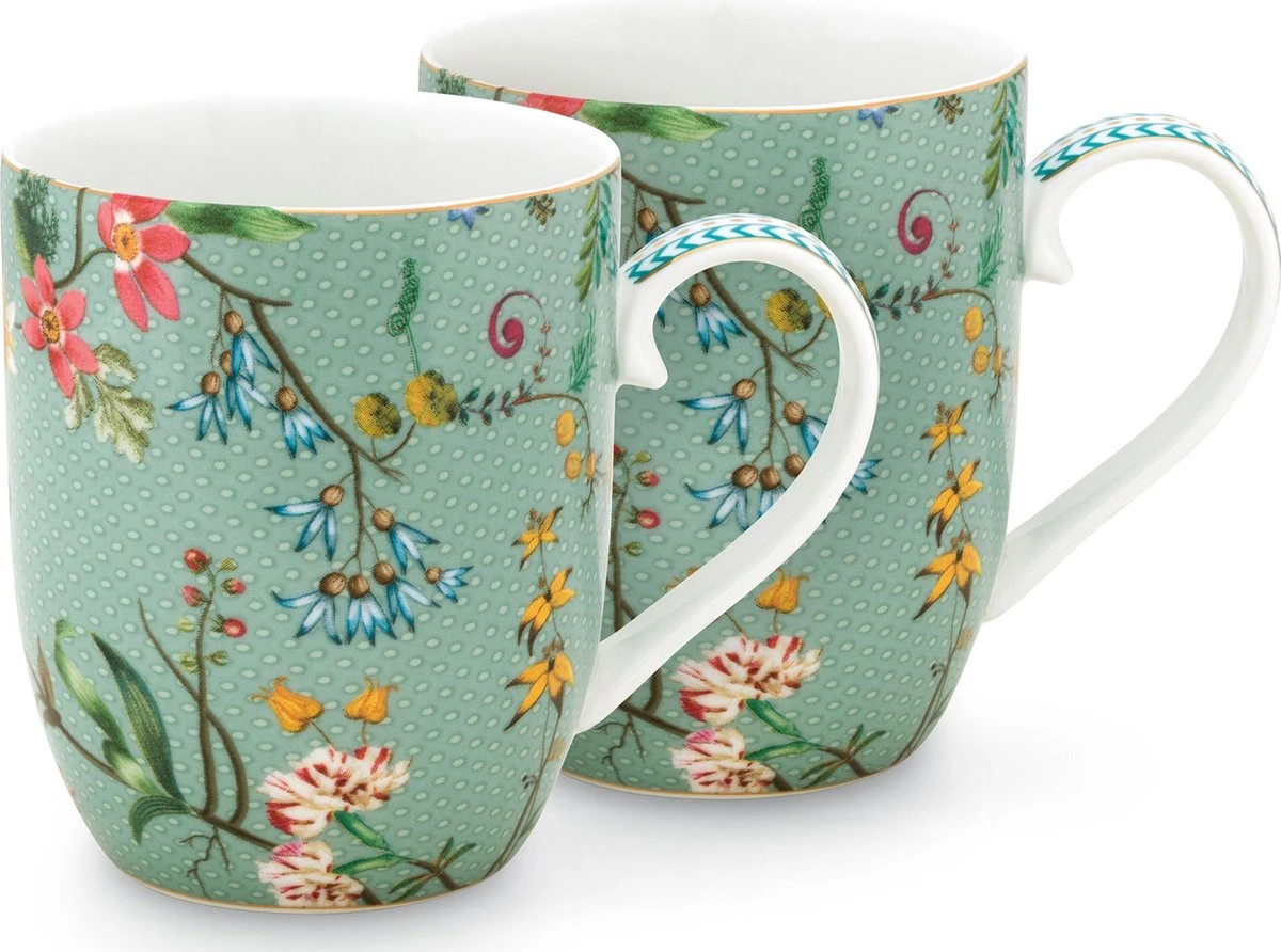 Pip Studio Jolie - Set 2 Tassen Flowers - Small 145ml - Mokken Klein - Bloemen - Groen 3 Pip Studio Jolie - Set 2 Tassen Flowers - Small 145ml - Mokken Klein - Bloemen - Groen