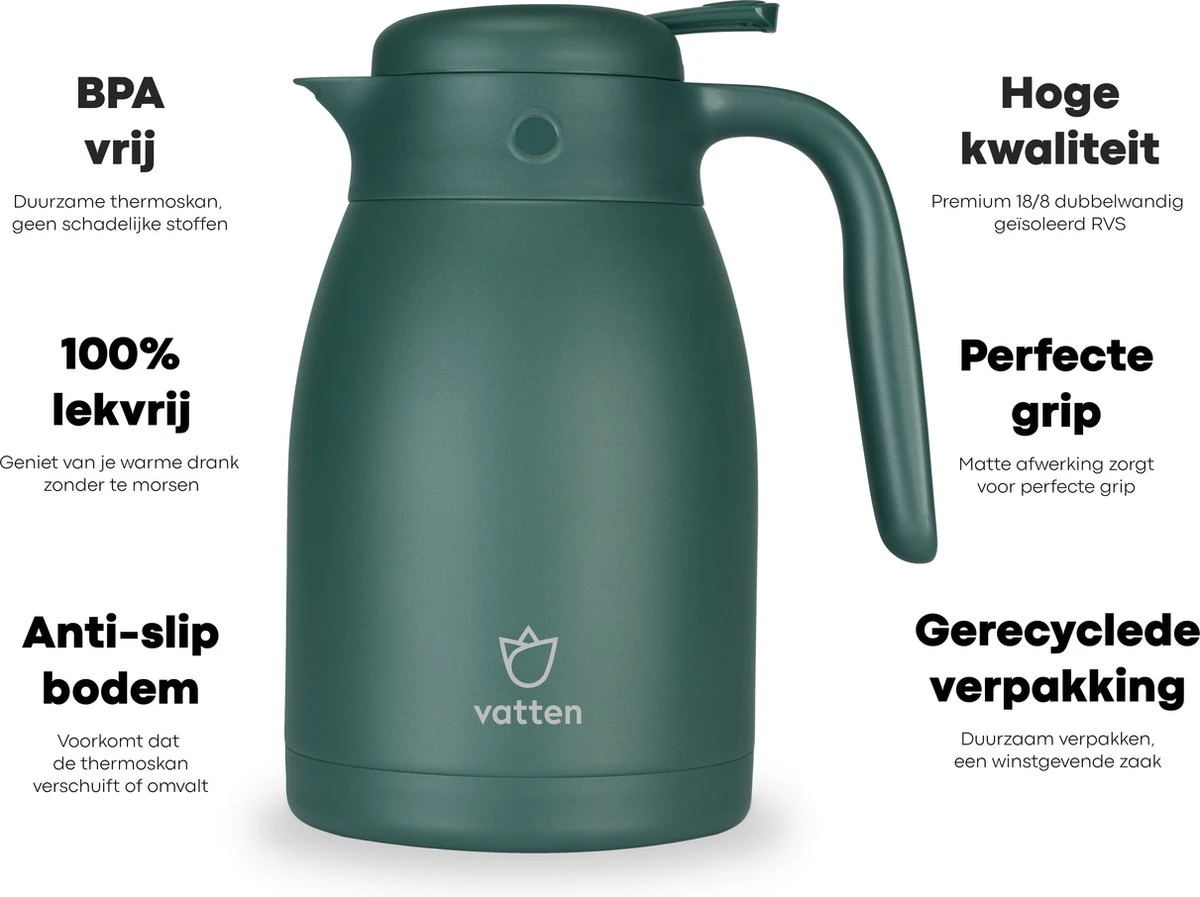 Vatten® Premium RVS Thermoskan - Donkergroen - 1.5 Liter - Met Drukknop - Isoleerkan 4 Vatten® Premium RVS Thermoskan - Donkergroen - 1.5 Liter - Met Drukknop - Isoleerkan - Afbeelding 2