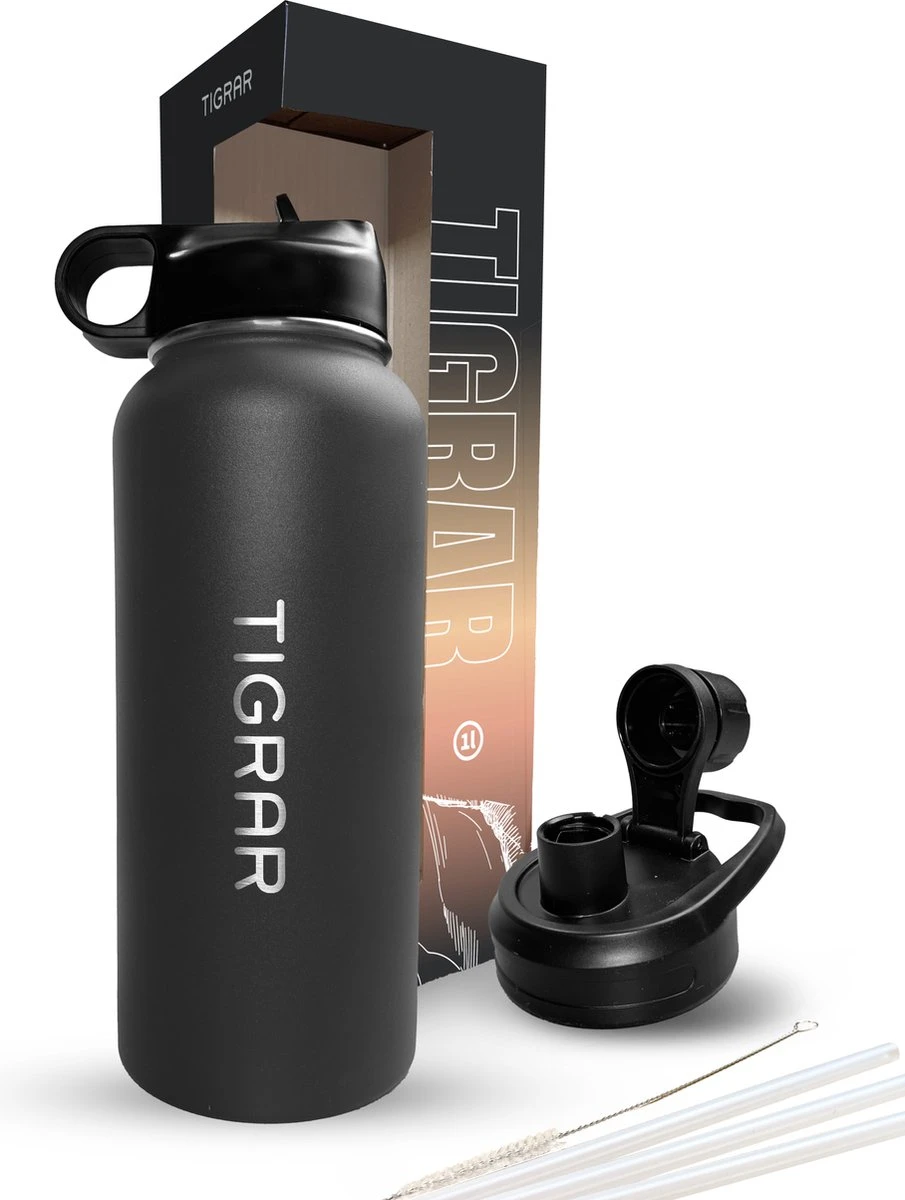 Tigrar - Drinkfles - Waterfles - Thermosfles 1 Liter - RVS - (Grafiet) Zwart - Incl. Extra Dop 3 Rietjes En Reiniger 3 Tigrar - Drinkfles - Waterfles - Thermosfles 1 Liter - RVS - (Grafiet) Zwart - Incl. Extra Dop 3 Rietjes En Reiniger